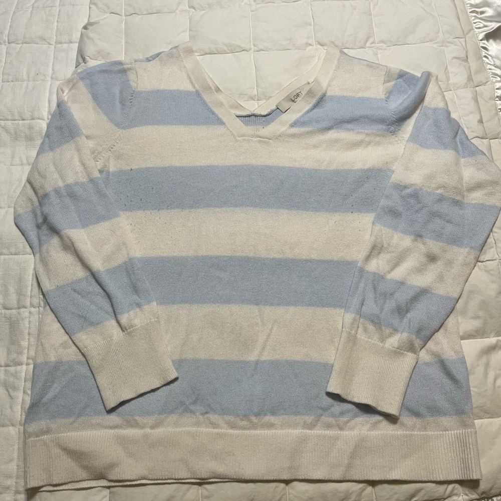 LOFT Light Blue and Cream V-Neck Sweater - Picture 2 of 5